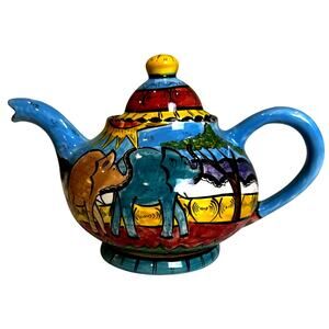 Penzo Zimbabwe Vintage Signed Hand Painted Elephants Giraffe Gemsbock Teapot